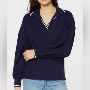 NWT Cable & Gauge Navy Collared V Neck Pullover White Accents 1X
